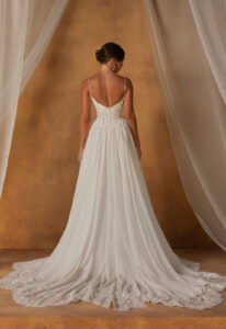 Natiya by Madi Lane Flowy Floral lace and chiffon a-line Wedding Dress at Love it at Stella's Bridal Shop in Westminster Maryland